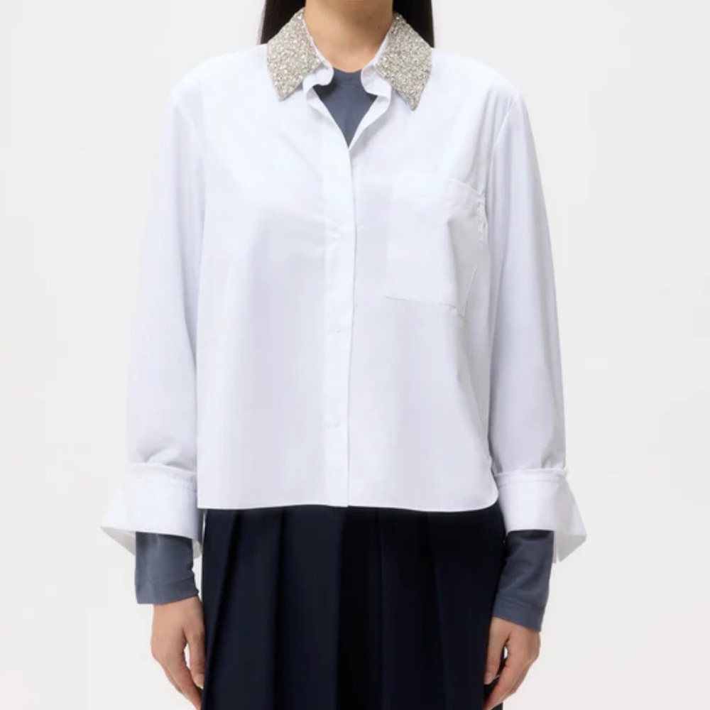 White Long Sleeve Top with Crystal Collar